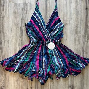Luxxel Blue and Pink Striped Romper with Flowy Design